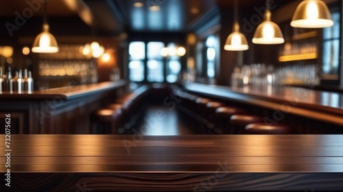 Empty wooden table top with blur background of irish pub. Generated with AI