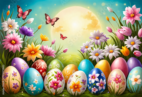 Easter themed concept with decorated Easter eggs and flowers in a vintage art style 