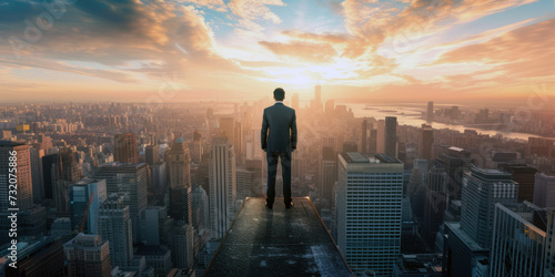 A man stands on a high point overlooking a cityscape during sunset. Silhouette of a man against the bright sky