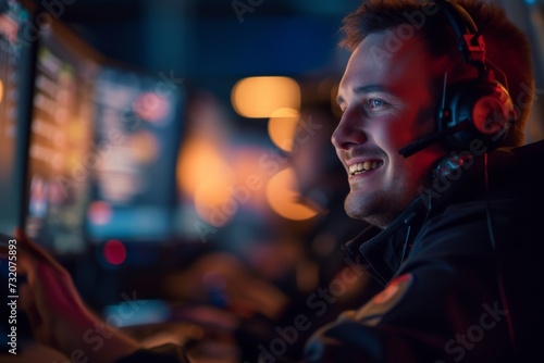 Smiling Man Engrossed in Video Game With Headset