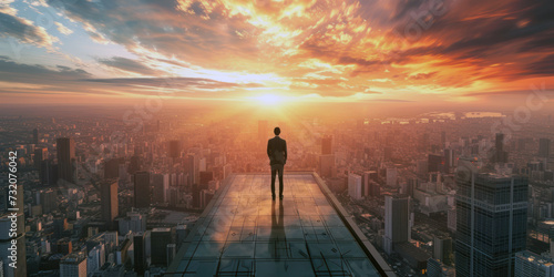 A man stands on a high point overlooking a cityscape during sunset. Silhouette of a man against the bright sky