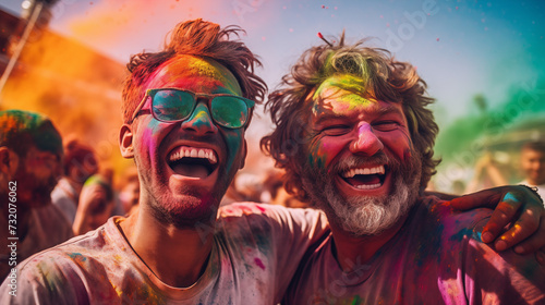 Multiethnic friends celebrating summer holi festival. Party life. Colored people with gulal or abeer or powder on face and clothers. Concept Indian Holi Gulal festival. Hindu tradition