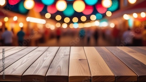 Empty wooden table top with blur background of festive fair carnival. Generated with AI