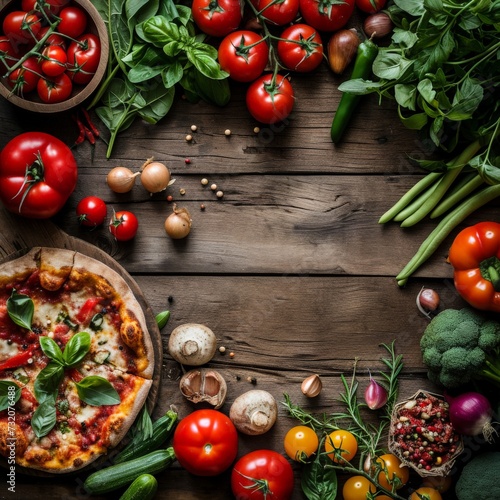 Pizza on Wooden Table Surrounded by Vegetables