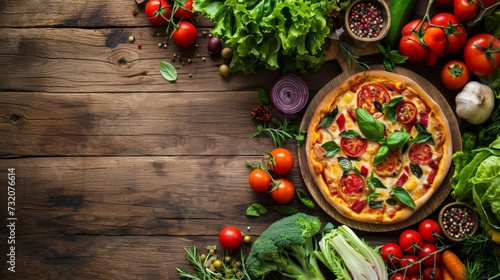 Pizza on Wooden Table Surrounded by Vegetables