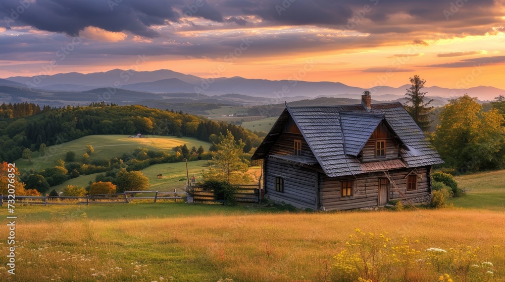 Fototapeta premium village life in Serbia with a realistic photograph featuring a quaint wooden cabin nestled amidst the picturesque countryside, evoking a sense of tranquility and serenity.