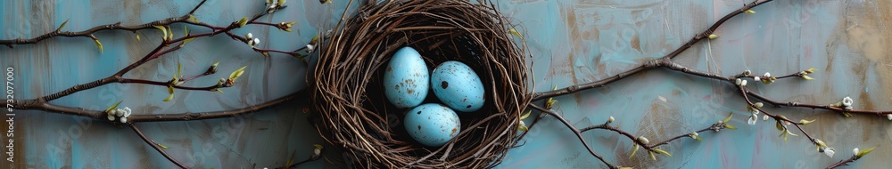 Three Blue Eggs in Birds Nest on Wall Three Blue Eggs in Birds Nest on Wall
