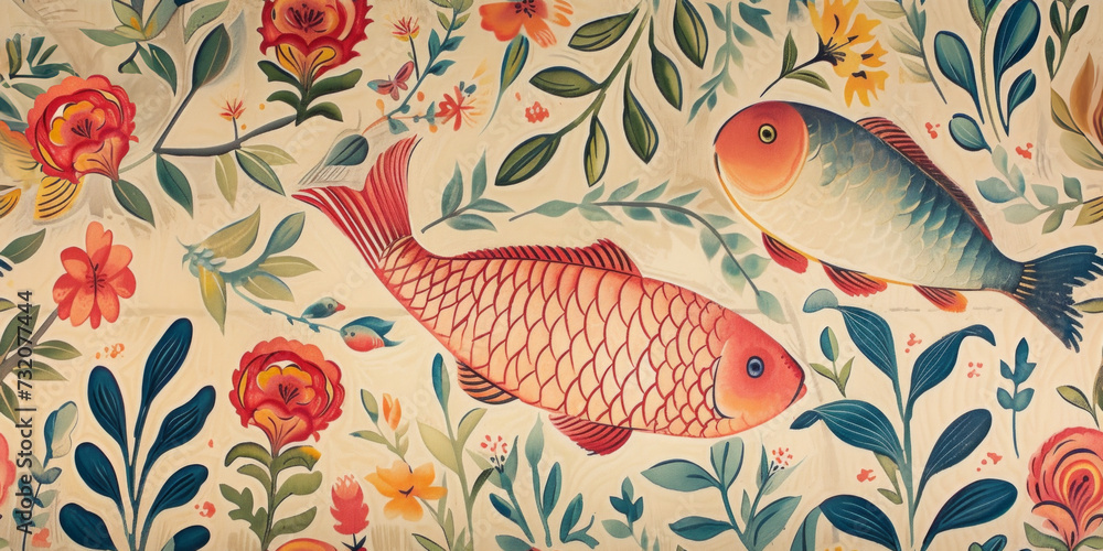 Seamless pattern of illustration of a fish swimming among vibrant vintage background. - obrazy, fototapety, plakaty 
