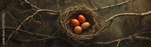Three Eggs in Nest on Tree Branch