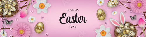 easter banner with colorful eggs and flowers. easter background with gold eggs in a nest