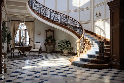 entrance area of traditional style home with angled stairs