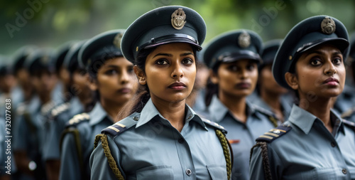 Group of Indian women in military or police uniforms standing at army ceremony presentation. Generative AI photo