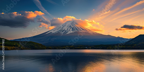 Mt. Fuji  mount Fuji-san tallest volcano mountain in Tokyo  Japan. Snow capped peak  conical sacred symbol  purple  orange sunset nature landscape backdrop background wallpaper  travel destination