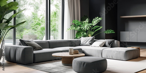 Modern living room with a minimalist design. Large comfortable sofa in neutral color with a wooden coffee table in the center