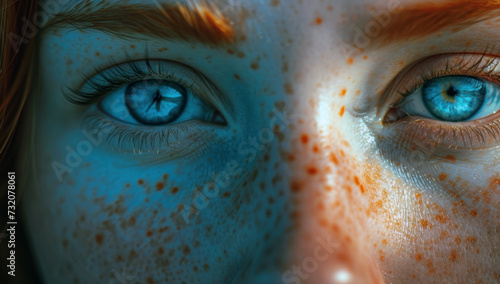 Girl with striking blue eyes and freckles. Close-up of a beautiful girl with red hair and blue eyes