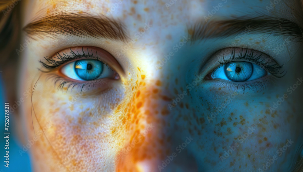 Girl with striking blue eyes and freckles. Close-up of a beautiful girl with red hair and blue eyes Girl with striking blue eyes and freckles. Close-up of a beautiful girl with red hair and blue eyes