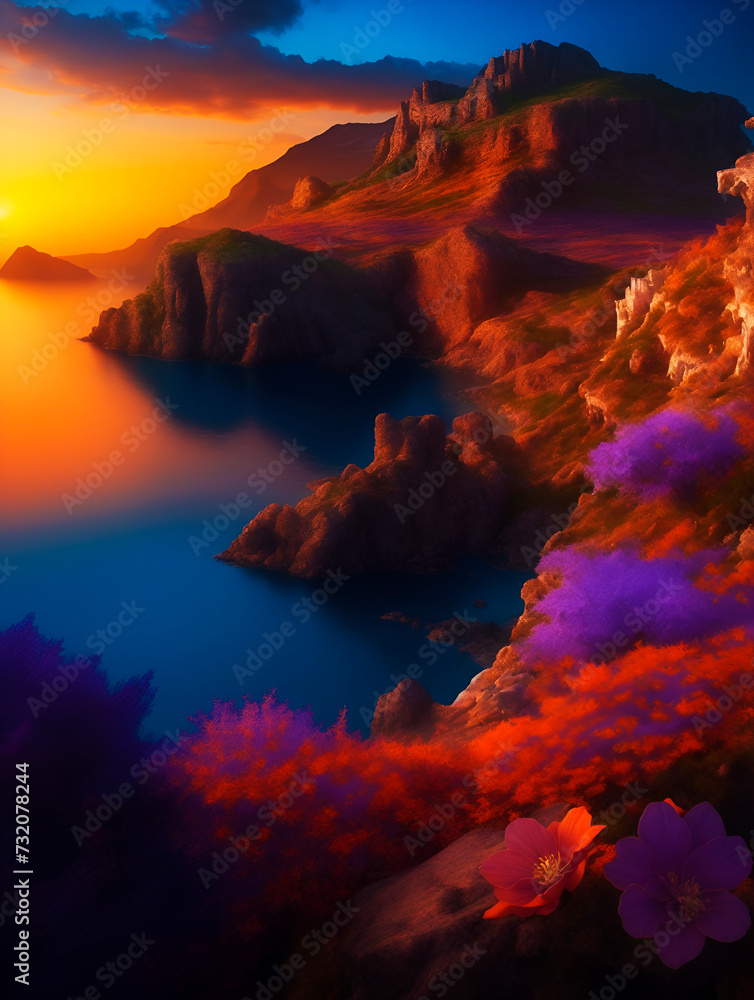 Fantasy Sunset Landscape Wallpaper and Background with Mountains, Waterfalls, Trees, Flowers. Artistic Pattern Design for Cell Phone, Smartphone, Computer, Tablet and Wall Art for Home Decor