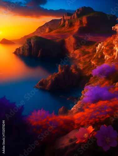 Fantasy Sunset Landscape Wallpaper and Background with Mountains, Waterfalls, Trees, Flowers. Artistic Pattern Design for Cell Phone, Smartphone, Computer, Tablet and Wall Art for Home Decor