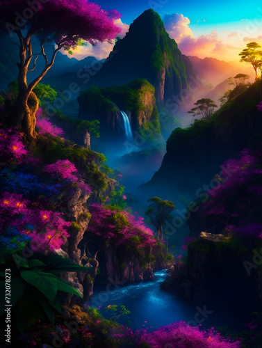 Fantasy Landscape Wallpaper and Background with Mountains, Waterfalls, Trees, Flowers. Artistic Pattern Design for Cell Phone, Smartphone, Computer, Tablet and Wall Art for Home Decor