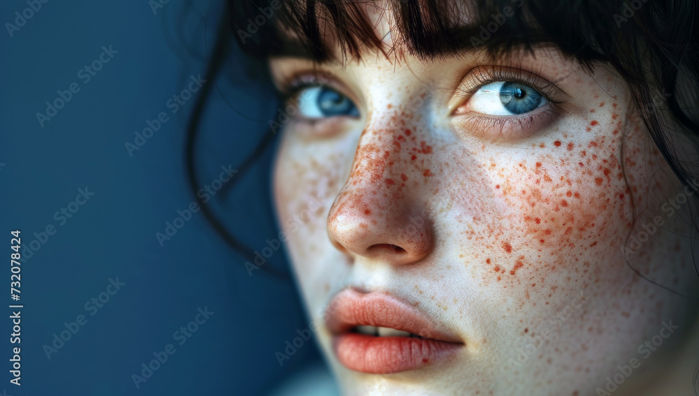 Girl with striking blue eyes and freckles. Close-up of a beautiful girl with red hair and blue eyes