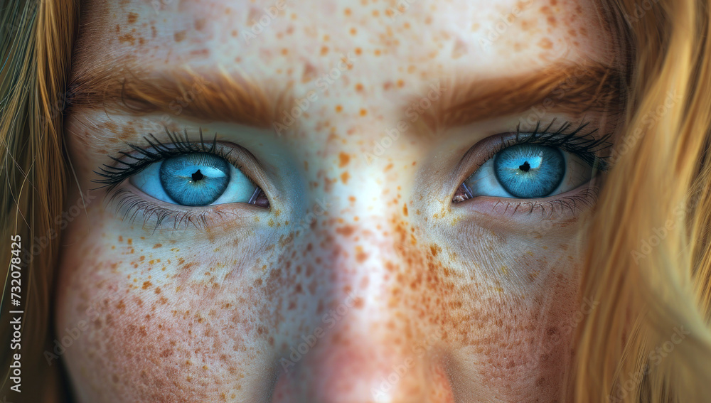 Girl with striking blue eyes and freckles. Close-up of a beautiful girl with red hair and blue eyes Girl with striking blue eyes and freckles. Close-up of a beautiful girl with red hair and blue eyes