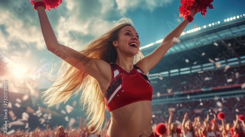 A young, smiling cheerleader with vibrant red pom-poms at a sporting event, exuding excitement and team spirit