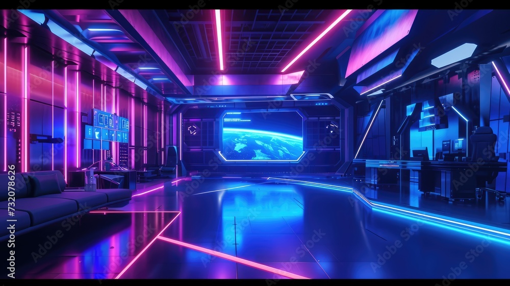 A state-of-the-art television show setting, featuring neon lighting and panoramic mountain views, offers a modern and immersive experience A state-of-the-art television show setting, featuring neon lighting and panoramic mountain views, offers a modern and immersive experience
