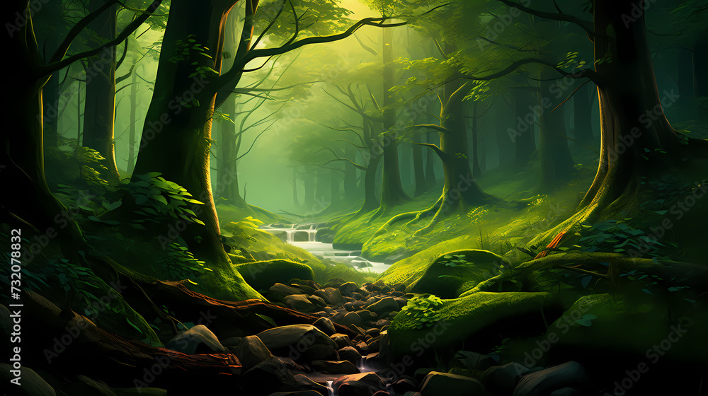 Obraz premium Lush green forest, vibrant green plants in the forest