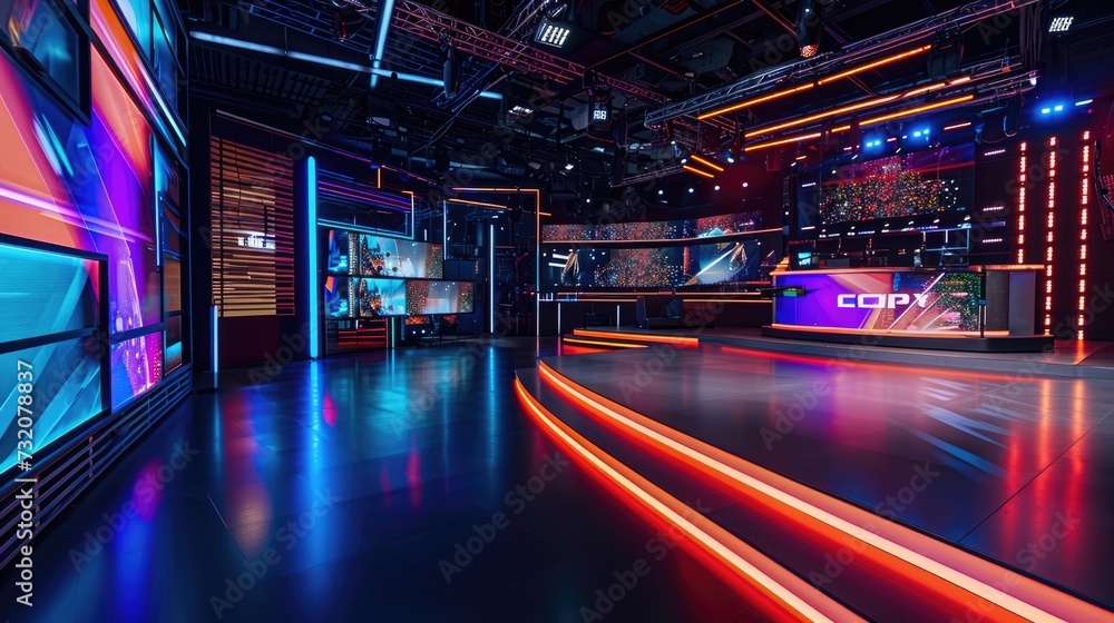 A modern tv hosting or game show studio set glowing with neon lights and futuristic design, ready for the next live broadcast.. - obrazy, fototapety, plakaty 