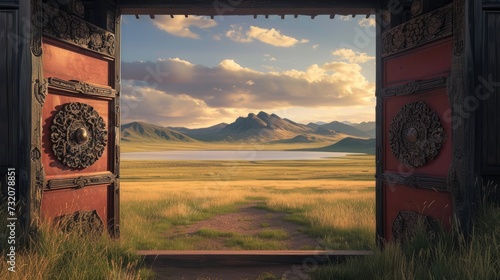 Mongolian landscapes through a frame within a frame composition, where the silhouette of a yurt gate frames a distant view of grasslands, a lake, and majestic mountains.