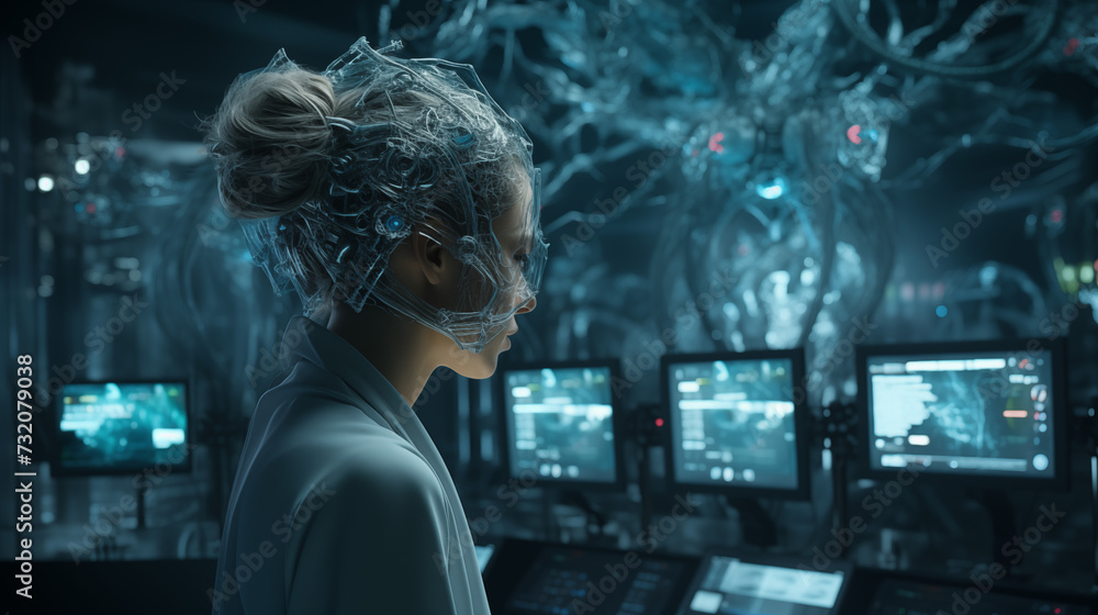Fototapeta premium A young beautiful woman in control of many computers using a virtual reality helmet