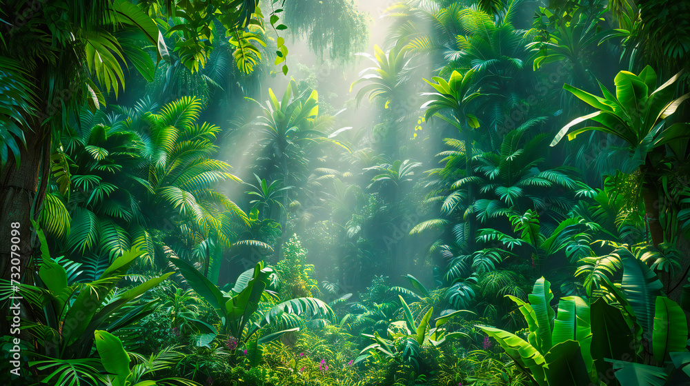 Sunlit Forest Path, A Tranquil Greenery Scene with Lush Trees and Fog, Invoking a Peaceful Outdoor Adventure Sunlit Forest Path, A Tranquil Greenery Scene with Lush Trees and Fog, Invoking a Peaceful Outdoor Adventure