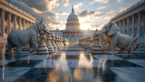 chessboard in the foreground with textured animal-shaped chess pieces, depicting a political theme with rhinoceros and elephant figures In the background, the U.S. Capitol building photo