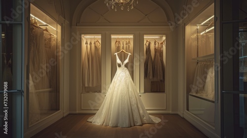 A stunning wedding dress stands in the spotlight, surrounded by an array of exquisite gowns in a luxurious bridal shop setting