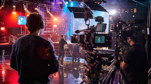 Crew members are captured in action on the bustling set of a live television production, surrounded by professional cameras and lighting..