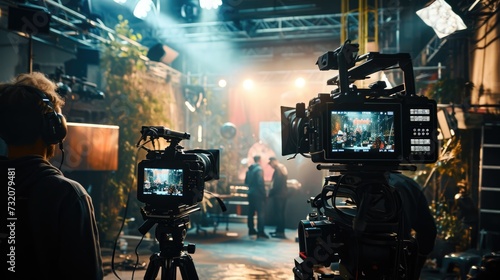 Crew members are captured in action on the bustling set of a live television production, surrounded by professional cameras and lighting.. photo