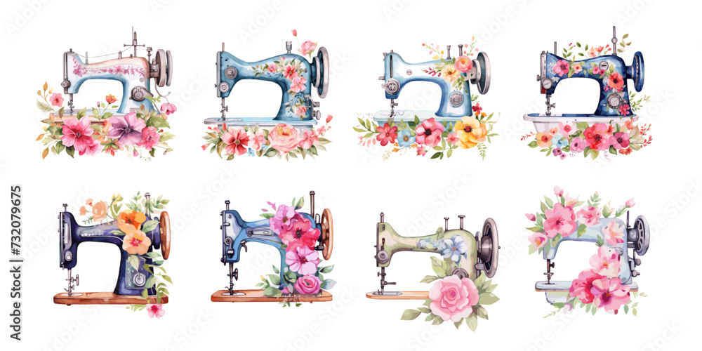 Isolated sewing machines with flowers. Machine for sew and floral bouquets. Decorative watercolor handmade equipment, tailor tools, vector elements Isolated sewing machines with flowers. Machine for sew and floral bouquets. Decorative watercolor handmade equipment, tailor tools, vector elements