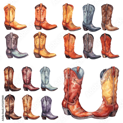 Isolated cartoon cowboy boots. Fashion cowboys shoes, watercolor wild west style boot collection. Trendy stylish accessories, vector clipart
