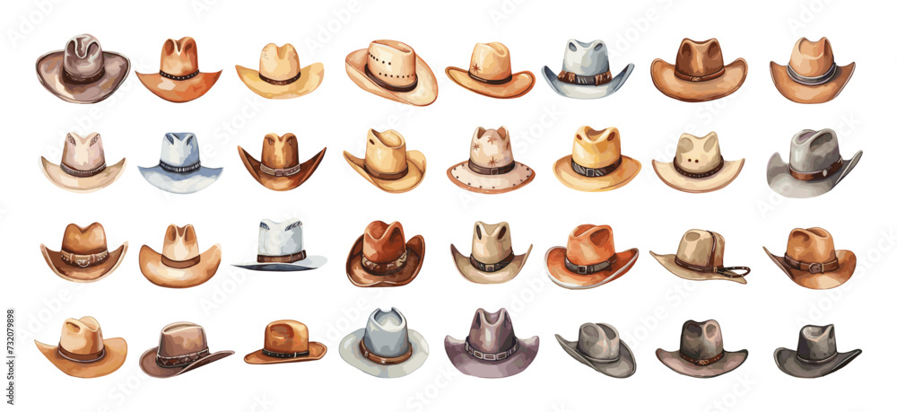 Male hats cowboy style collection. Cowboys head accessories, wild west hat watercolor set. Isolated fashion icons, vector clipart - obrazy, fototapety, plakaty 