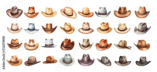 Male hats cowboy style collection. Cowboys head accessories, wild west hat watercolor set. Isolated fashion icons, vector clipart photo