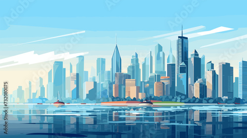 Megapolis on ocean coast. City with skyscrapers located on sea. Modern urban landscape, downtown and embankment, vector illustration
