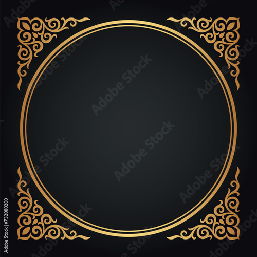 Luxury decorative golden frame. Retro ornamental frame, vintage square ornament & ornate border. Decorative wedding circle frame, antique museum image border. Isolated vector icons set