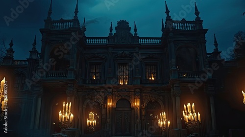 a gothic library's exterior, bathed in the warmth of candlelight, evoking a sense of mystery and creativity.