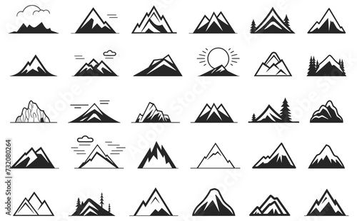 Mountains simple icons. Mountain rocks black pictograms, peaks for winning progress motivation achievment career success leadership design