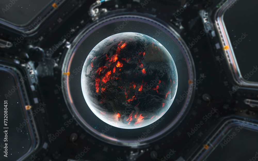 3D illustration of A catastrophe on a planetary scale, fire and lava flows cover the entire surface of the Earth. High quality digital space art in 5K - ultra realistic visualization.