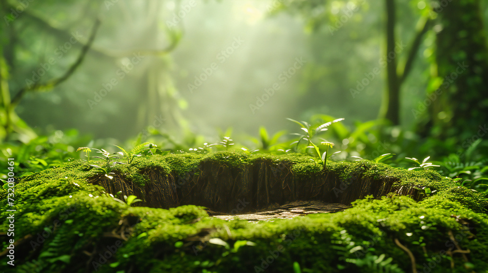 Fototapeta premium The lush tranquility of a forest floor, rich with moss and bathed in sunlight, emphasizing the serene beauty of the natural world