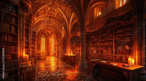 a gothic library s exterior  bathed in the warmth of candlelight  evoking a sense of mystery and creativity.