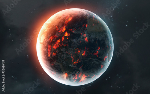 3D illustration of The last seconds of the planet Earth dying in fire, fire and lava across the entire surface. High quality digital space art in 5K - ultra realistic visualization. photo