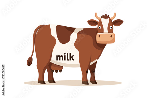 Brown cow with word milk. Cute farm pet. Young cow with dairy udder, milk. Vector ai flat isolated illustration