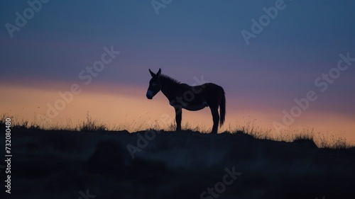 Silhouette of a lone donkey on a hilltop against a vibrant sunset sky.